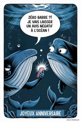 Deux baleines bleues sous-marines sur fond bleu foncé, l'une tenant un téléphone rose lumineux. Bulle de dialogue: ZÉRO BARRE ?! JE VAIS LAISSER UN AVIS NÉGATIF À L'OCÉAN!