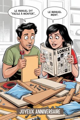 Couple assemblant des meubles en kit, l'homme tient un tournevis, la femme lit le manuel. Le texte dit Le manuel dit 'facile à monter' ... et Le manuel ment. . Style BD.