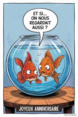 Deux poissons rouges à l'air inquiet dans un bocal sur fond bleu clair, bulle de texte ET SI... ON NOUS REGARDAIT AUSSI ?. Humour.