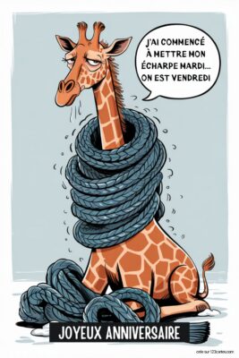 Girafe épuisée, enroulée dans une longue écharpe bleue, sur fond gris clair. Texte: J'ai commencé à mettre mon écharpe mardi... on est vendredi. Image fête humour