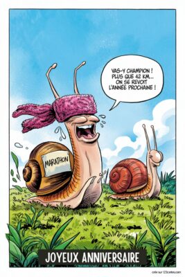 Deux escargots de bande dessinée sur fond vert herbeux et ciel bleu. L'un, riant, porte un bandeau rose et un dossard MARATHON. L'autre le regarde.