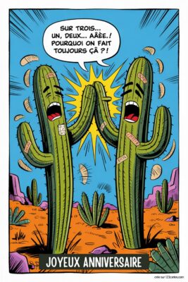 Deux cactus se tapant dans la main sur fond de désert bleu, avec écrit SUR TROIS... UN, DEUX... AÄÈE.! POURQUOI ON FAIT TOUJOURS ÇÂ?!