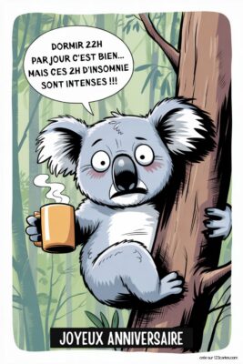 Koala fatigué aux grands yeux rouges, tenant une tasse fumante, accroché à un arbre sur fond vert. Texte: DORMIR 22H PAR JOUR C'EST BIEN... MAIS CES 2H D'INSOMNIE SONT INTENSES !!!