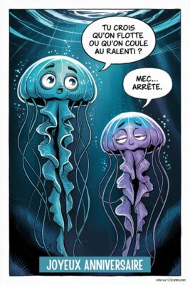 Deux méduses, une turquoise et une violette, sur fond bleu foncé aquatique. La turquoise dit Tu crois qu'on flotte ou qu'on coule au ralenti ? et la violette répond Mec... Arrête.