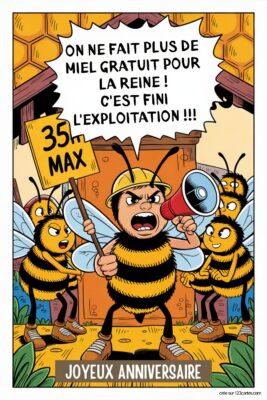 Abeilles en colère manifestant sur fond de ruche avec écrit ON NE FAIT PLUS DE MIEL GRATUIT POUR LA REINE ! C'EST FINI L'EXPLOITATION !!!