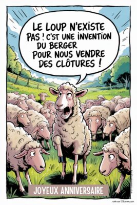 Mouton effrayé parlant à un troupeau sur fond de prairie verte et ciel bleu, avec écrit LE LOUP N'EXISTE PAS ! C'EST UNE INVENTION DU BERGER POUR NOUS VENDRE DES CLÔTURES !