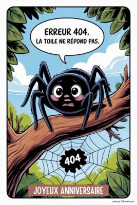Araignée noire triste sur une branche d'arbre, ciel bleu, feuilles vertes, avec bulle ERREUR 404. LA TOILE NE RÉPOND PAS. et 404 sur une toile d'araignée.