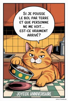 Chat tigré orange tenant une gamelle de croquettes sur fond de cuisine jaune et vert. Bulle de dialogue avec Si je pousse le bol par terre et que personne ne me voit... Est-ce vraiment arrivé?