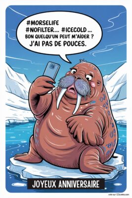 Morse rose sur banquise bleue, tenant un smartphone, avec bulle de dialogue #MORSELIFE #NOFILTER... #ICECOLD... BON QUELQU'UN PEUT M'AIDER ? J'AI PAS DE POUCES.