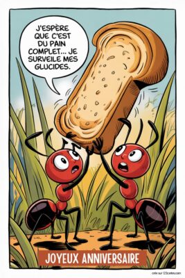 Deux fourmis rouges transportant une tranche de pain sur fond d'herbe verte et de ciel bleu. Une bulle de dialogue dit J'espère que c'est du pain complet... je surveille mes glucides.
