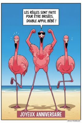 Trois flamants roses sur une plage de sable, un portant des lunettes de soleil et bombant le torse, sur fond de mer bleue. Texte: LES RÈGLES SONT FAITE POUR ÊTRE BRISÉES. DOUBLE APPUI, BÉBÉ !