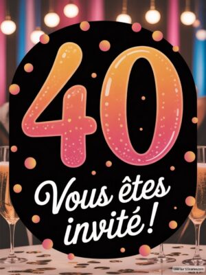 Le chiffre 40 en lettres stylisées sur fond noir, entouré de bulles et de confettis, avec des flûtes de champagne.