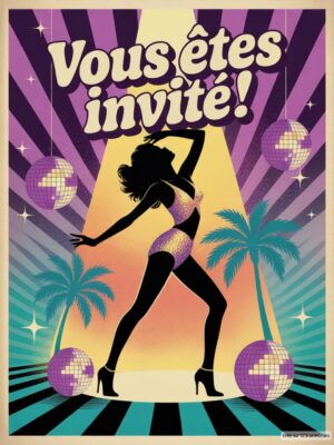 Invitation d'anniversaire colorée : silhouette dansante, boules disco brillantes, fonds violets et verts, palmiers latéraux.