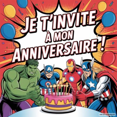 Illustration colorée des Avengers entourant un gâteau d'anniversaire, avec le texte Je t'invite à mon anniversaire ! en haut.