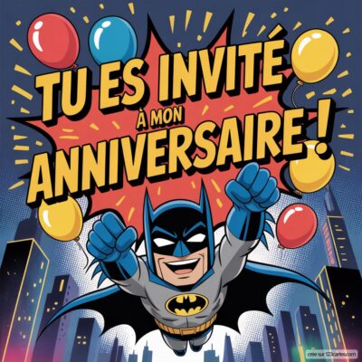 Batman en costume souriant sur fond de ville, entouré de ballons colorés, avec l'inscription : 'Tu es invité à mon anniversaire !'.