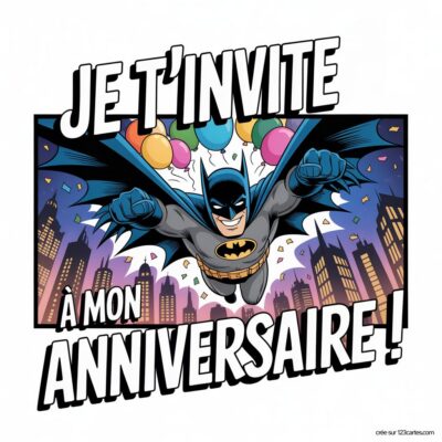 Batman volant parmi des buildings, avec des ballons colorés et le texte « Je t'invite à mon anniversaire ! ».