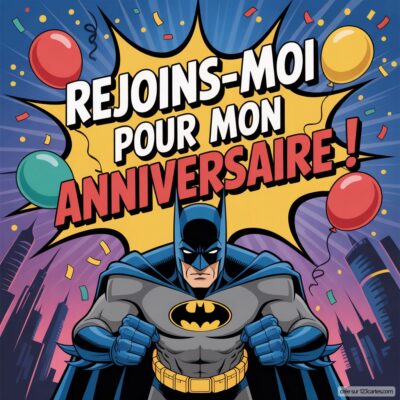 Invitation anniversaire virtuelle avec Batman, texte coloré sur fond festif et ballons.