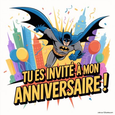 Invitation d'anniversaire sur le thème Batman, avec un super-héros volant et des ballons colorés en arrière-plan.