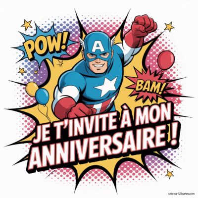 Invitation anniversaire virtuelle sur fond coloré avec Captain America, illustré en costume, entouré de ballons et de textes dynamiques.