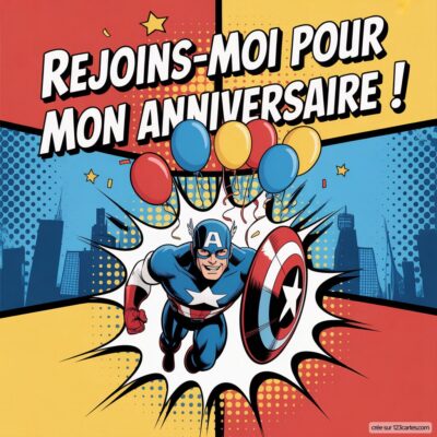 Invitation anniversaire sur le thème Captain America, avec le héros lançant des ballons colorés et le texte « Rejoins-moi pour mon anniversaire ! ».