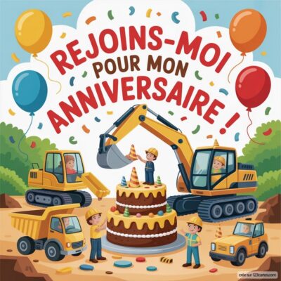 Invitation virtuelle d'anniversaire avec un gâteau, des engins de chantier, des enfants joyeux et des ballons colorés.