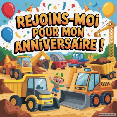 Invitation d'anniversaire sur le thème chantier, avec des camions de construction, un enfant joyeux et des ballons colorés.