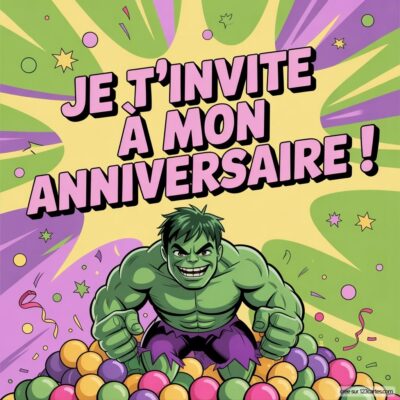 Invitation anniversaire pour enfants avec Hulk, entouré de ballons et de confettis colorés. Texte : « Je t'invite à mon anniversaire ! »