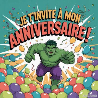 Invitation d'anniversaire pour enfants sur le thème Hulk, avec Hulk en colère au milieu de ballons colorés et confettis.