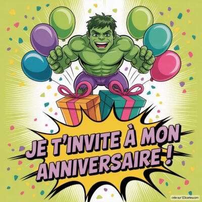 Hulk tient des ballons colorés et des cadeaux, avec un fond festif et le texte « Je t'invite à mon anniversaire ! » en gros caractères.