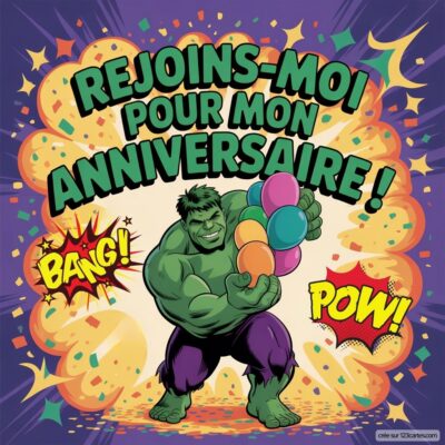 Invitation anniversaire virtuelle pour enfants sur le thème Hulk, avec le personnage tenant des ballons et des mots « Bang ! » et « Pow ! ».