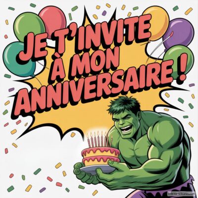 Invitation d'anniversaire virtuelle avec Hulk tenant un gâteau, entouré de ballons colorés et de confettis, invite à la fête.