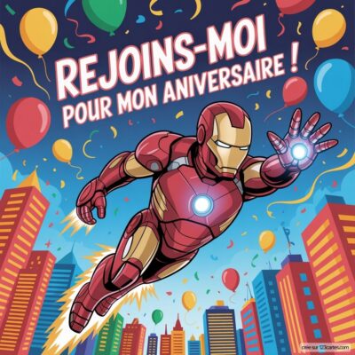 Invitation d'anniversaire virtuelle avec Iron Man volant au milieu de bâtiments, entouré de ballons colorés et d'un message joyeux.