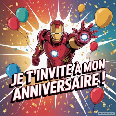 Invitation d'anniversaire virtuelle sur le thème Iron Man, avec des ballons colorés et le texte « Je t'invite à mon anniversaire ! ».