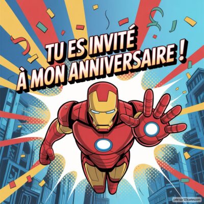 Invitation d'anniversaire virtuelle pour enfants sur le thème Iron Man, avec un personnage en armure rouge et or.