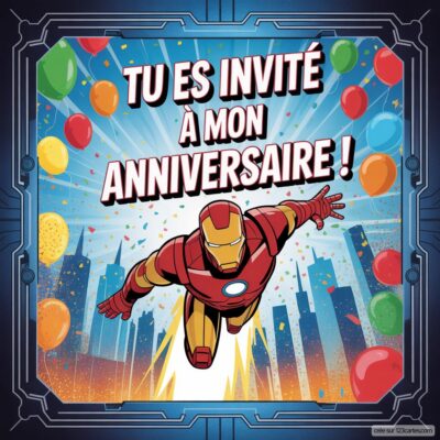 Invitation d'anniversaire pour enfants avec Iron Man, des ballons colorés et le texte « Tu es invité à mon anniversaire ! » en fond.