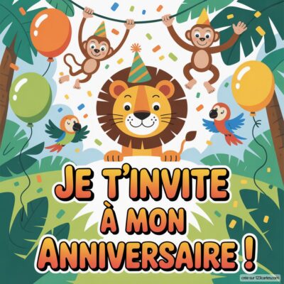 Invitation d'anniversaire virtuelle sur le thème de la jungle, avec un lion et des singes entourés de ballons colorés.