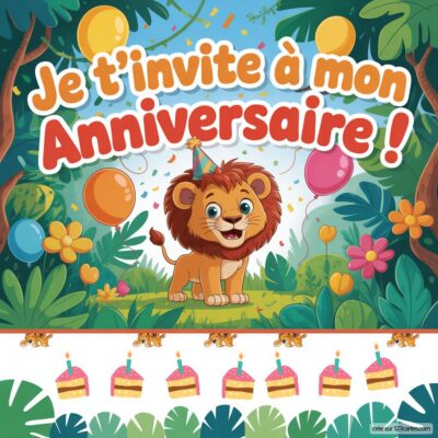 Invitation d'anniversaire virtuelle sur le thème de la jungle, avec un lion joyeux, des ballons colorés et des gâteaux.