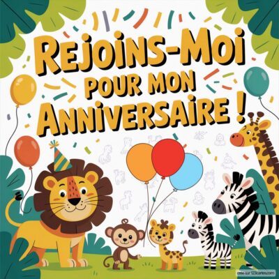 Invitation d'anniversaire sur le thème de la jungle avec un lion, un singe, une girafe et un zèbre entourés de ballons colorés.