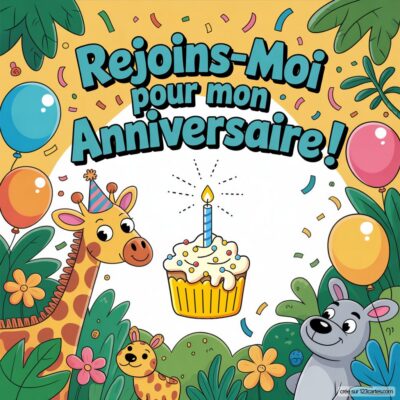 Invitation d'anniversaire virtuelle pour enfants sur le thème de la jungle, avec une girafe, un gâteau et des ballons colorés.