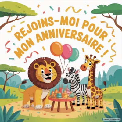 Invitation d'anniversaire virtuelle pour enfants, thème jungle avec lion, zèbre et girafe autour d'un gâteau coloré.