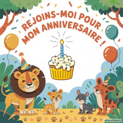 Invitation d'anniversaire dans la jungle : un lion, un petit lionceau et un jaguar entourent un cupcake et des ballons colorés.