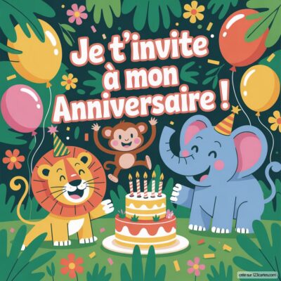 Invitation d'anniversaire pour enfants sur le thème de la Jungle, avec un lion, un éléphant et un singe autour d'un gâteau.