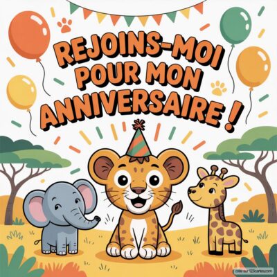 Invitation d'anniversaire pour enfants sur le thème de la jungle,avec un lion, un éléphant et une girafe en fête.