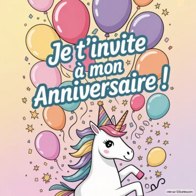 Invitation d'anniversaire virtuelle pour enfants avec une licorne colorée et des ballons festifs sur fond pastel.