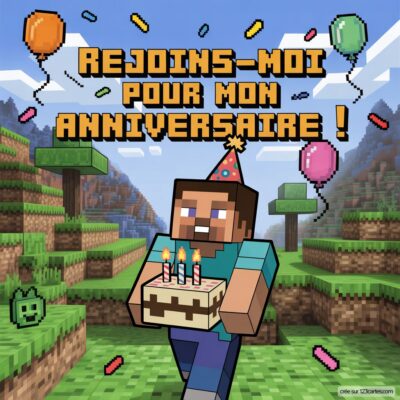 Image d'un personnage de Minecraft avec un chapeau d'anniversaire, portant un gâteau et des ballons colorés. Invitation à un anniversaire.