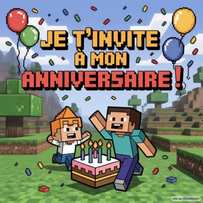 Invitation d'anniversaire virtuelle sur le thème Minecraft, avec deux personnages joyeux devant un gâteau décoré de bougies.