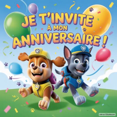 Invitation d'anniversaire virtuelle pour enfants avec les personnages de Pat'patrouille, décors festifs et ballons colorés.