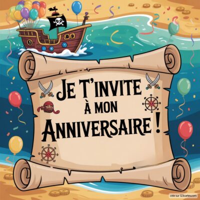 Image colorée d'une invitation d'anniversaire pour enfants sur le thème des pirates, avec un bateau, du sable et des ballons.
