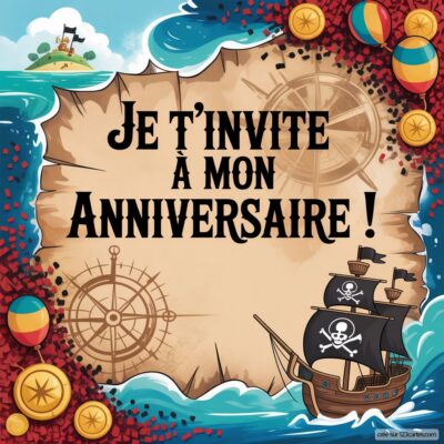 Invitation d'anniversaire pour enfants sur fond de carte au trésor, décorée de pirates, ballons et pièces d'or. Thème festif.