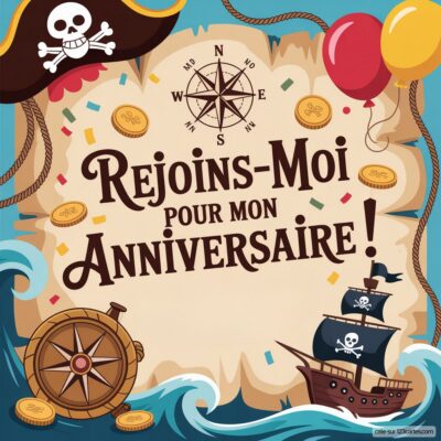 Invitation d'anniversaire pour enfants sur fond de carte au trésor, décorée de pirates, ballons et pièces d'or. Thème festif.